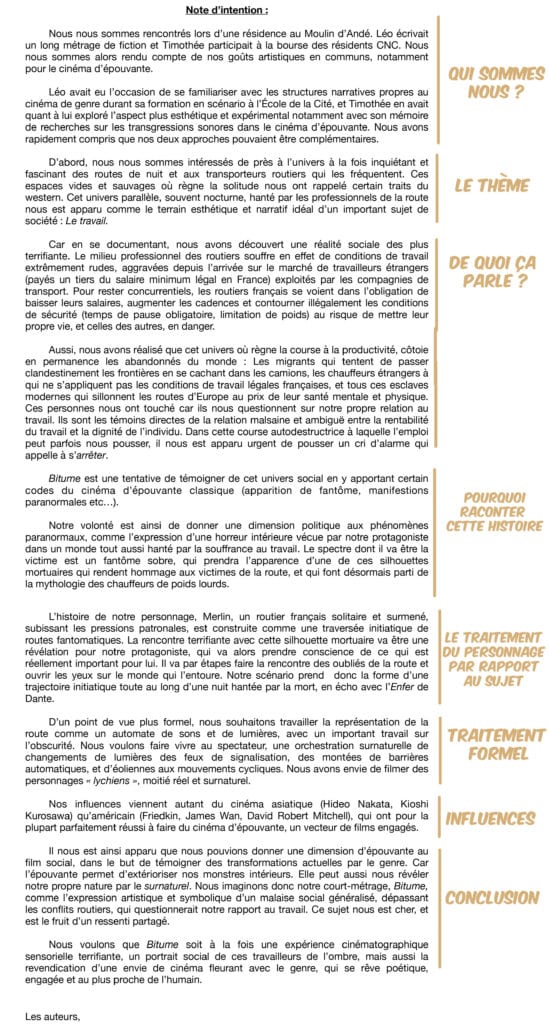 Exemple de note d'intention scénario comment écrire une note d'intention